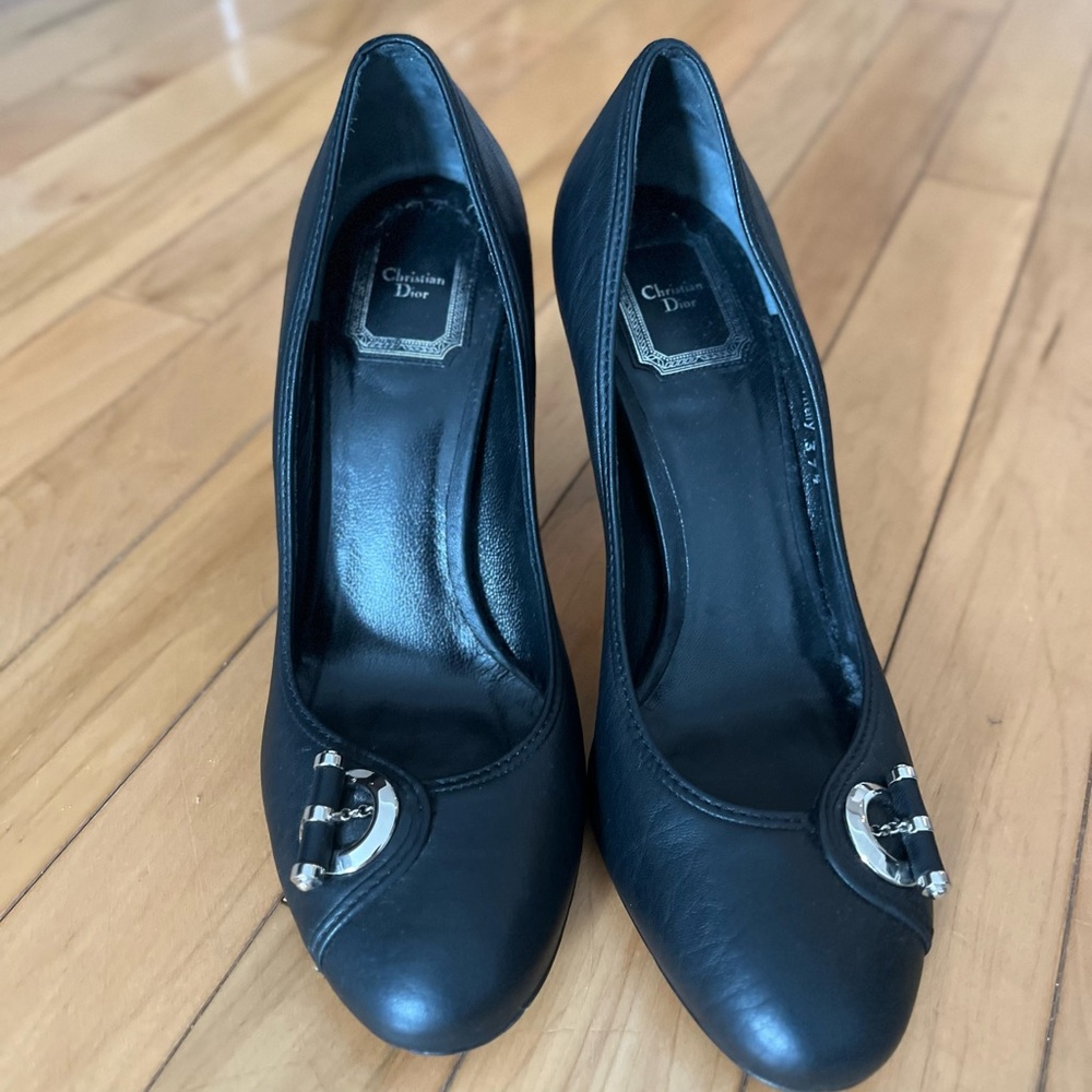 Vintage Dior Black Leather Heels with Silver Accents